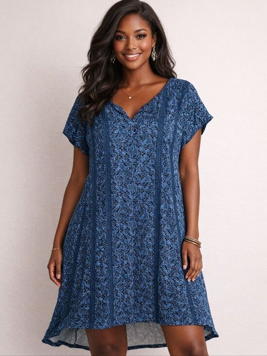 Woman Within Tops - Women's Size Large Cotton Floral V-Neck Tunic dress Pockets Blue